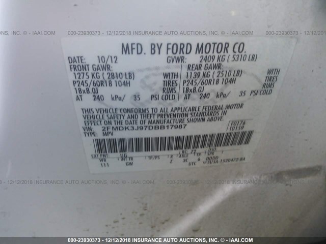 2FMDK3J97DBB17987 - 2013 FORD EDGE SEL WHITE photo 9