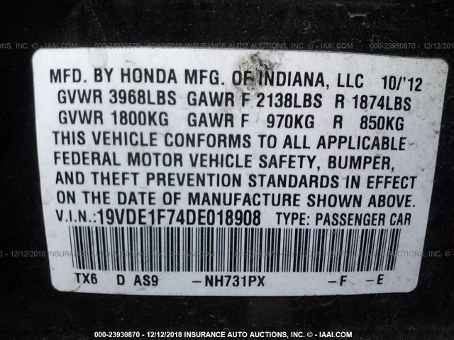 19VDE1F74DE018908 - 2013 ACURA ILX 20 TECH BLACK photo 9