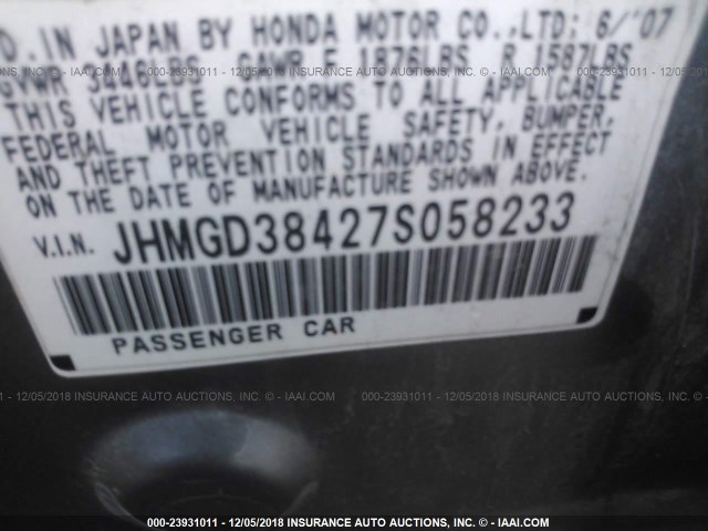 JHMGD38427S058233 - 2007 HONDA FIT SILVER photo 9