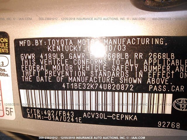 4T1BE32K74U820872 - 2004 TOYOTA CAMRY LE/XLE/SE GOLD photo 9