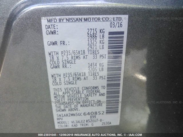 5N1AR2MN5GC640852 - 2016 NISSAN PATHFINDER S/SV/SL/PLATINUM GRAY photo 9