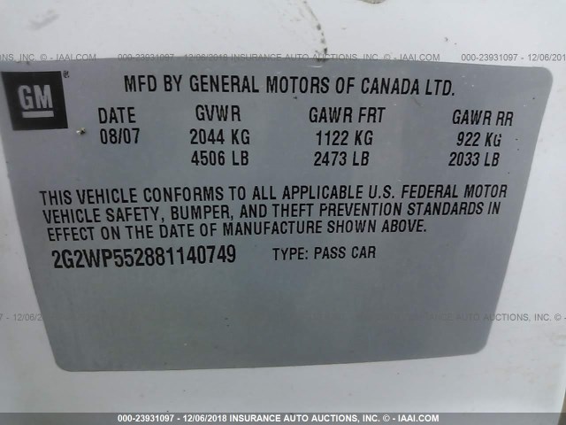 2G2WP552881140749 - 2008 PONTIAC GRAND PRIX WHITE photo 9