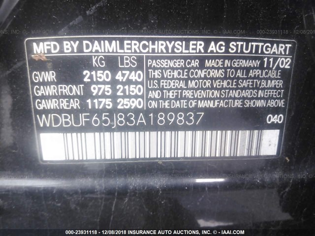 WDBUF65J83A189837 - 2003 MERCEDES-BENZ E 320 BLACK photo 9