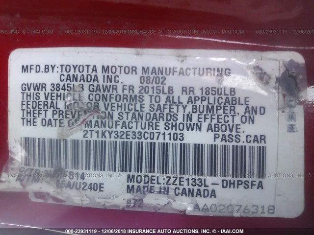 2T1KY32E33C071103 - 2003 TOYOTA COROLLA MATRIX XRS RED photo 9