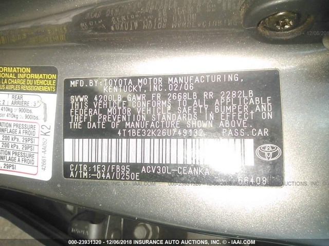 4T1BE32K26U749132 - 2006 TOYOTA CAMRY LE/XLE/SE SILVER photo 9