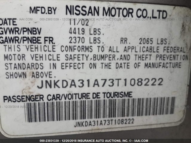 JNKDA31A73T108222 - 2003 INFINITI I35 GRAY photo 9