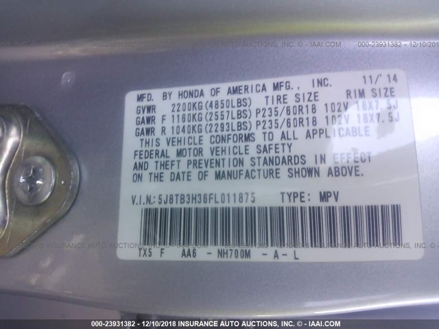 5J8TB3H36FL011875 - 2015 ACURA RDX SILVER photo 9