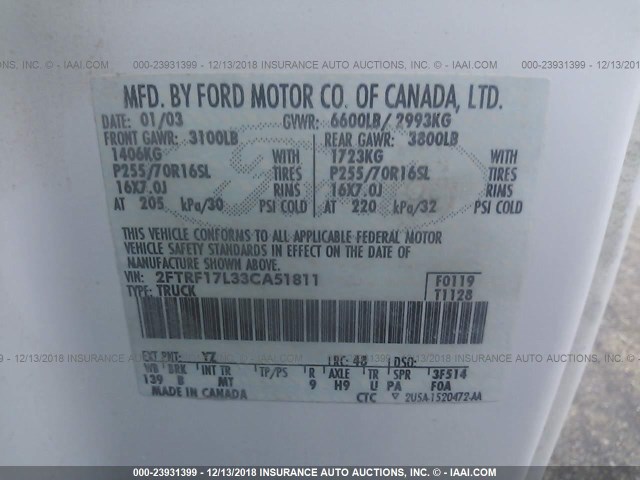 2FTRF17L33CA51811 - 2003 FORD F150 Ağ foto 9