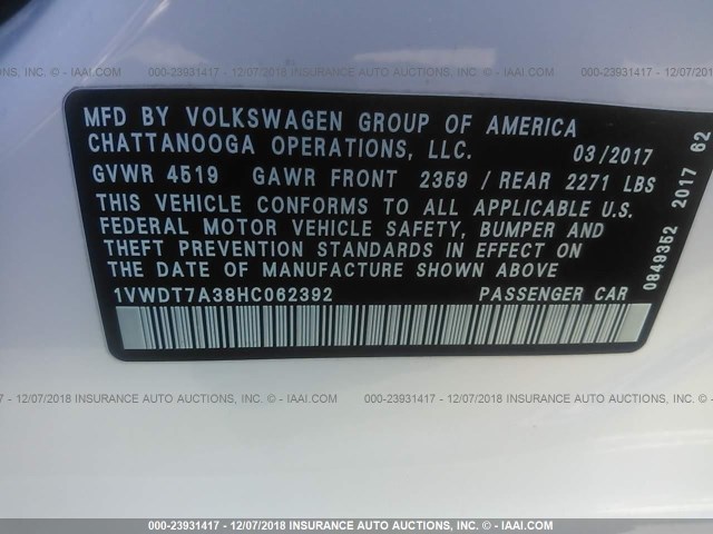 1VWDT7A38HC062392 - 2017 VOLKSWAGEN PASSAT R-LINE Ağ foto 9