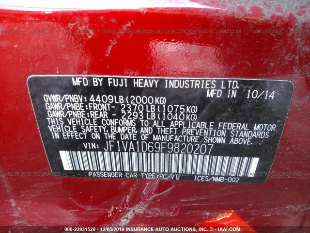 JF1VA1D69F9820207 - 2015 SUBARU WRX PREMIUM RED photo 9