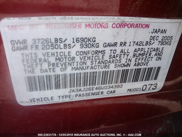 JA3AJ26E46U034393 - 2006 MITSUBISHI LANCER ES RED photo 9