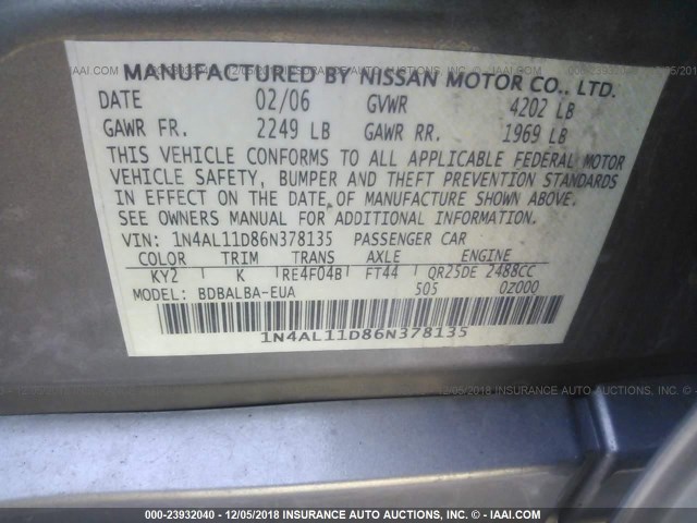 1N4AL11D86N378135 - 2006 NISSAN ALTIMA S/SL GRAY photo 9