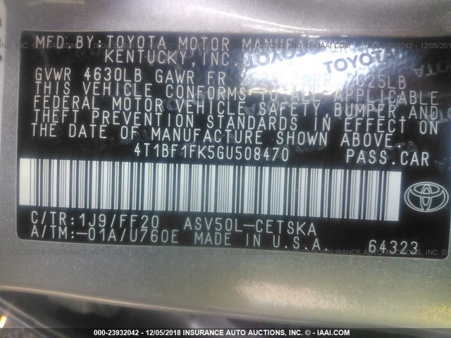 4T1BF1FK5GU508470 - 2016 TOYOTA CAMRY LE/XLE/SE/XSE SILVER photo 9
