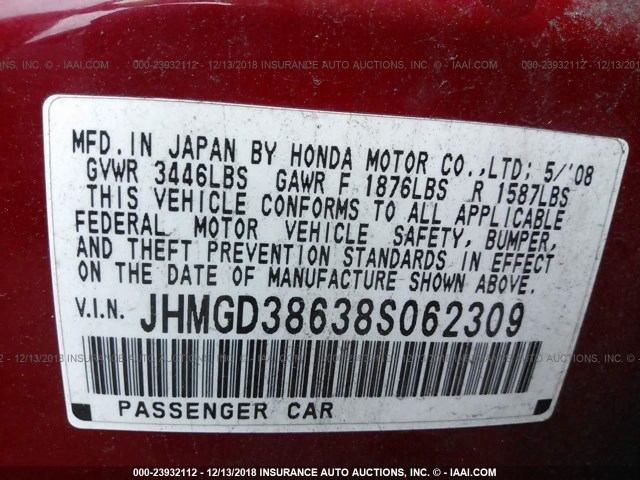 JHMGD38638S062309 - 2008 HONDA FIT SPORT RED photo 9