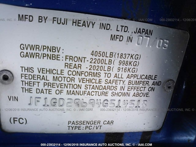 JF1GD29694G514518 - 2004 SUBARU IMPREZA WRX BLUE photo 9