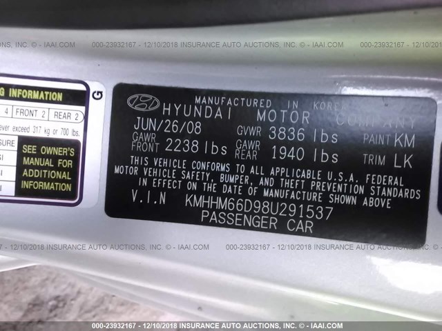 KMHHM66D98U291537 - 2008 HYUNDAI TIBURON GS SILVER photo 9