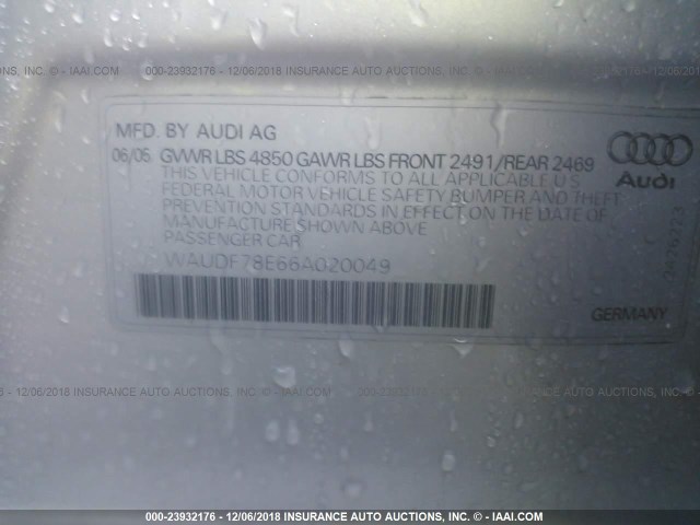 WAUDF78E66A020049 - 2006 AUDI A4 2.0T QUATTRO SILVER photo 9