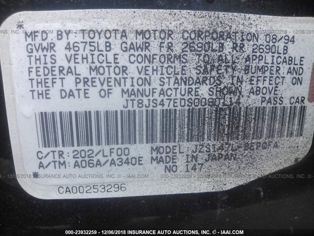 JT8JS47E0S0090114 - 1995 LEXUS GS 300 BLACK photo 9