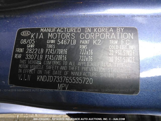 KNDJD733765535720 - 2006 KIA SORENTO EX/LX BLUE photo 9