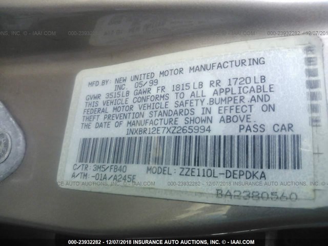 1NXBR12E7XZ265994 - 1999 TOYOTA COROLLA VE/CE/LE 灰色 照片 9