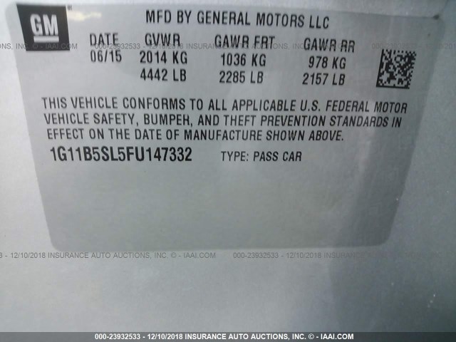 1G11B5SL5FU147332 - 2015 CHEVROLET MALIBU LS SILVER photo 9