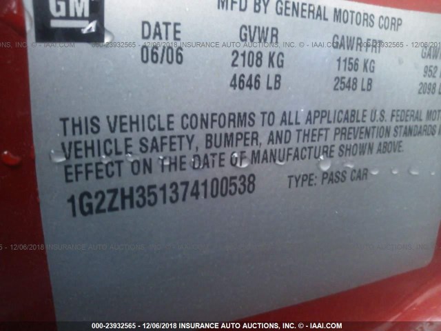 1G2ZH351374100538 - 2007 PONTIAC G6 GT RED photo 9