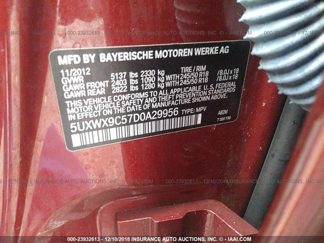 5UXWX9C57D0A29956 - 2013 BMW X3 XDRIVE28I RED photo 9