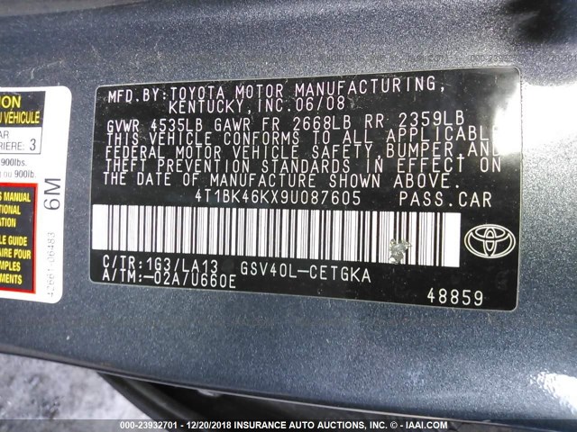 4T1BK46KX9U087605 - 2009 TOYOTA CAMRY SE/LE/XLE 灰色 照片 9