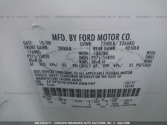 1FTFX1EV0AFA68197 - 2010 FORD F150 SUPER CAB WHITE photo 9