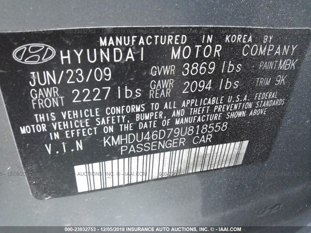 KMHDU46D79U818558 - 2009 HYUNDAI ELANTRA GLS/SE GRAY photo 9