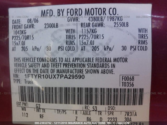 1FTYR10UX7PA29590 - 2007 FORD RANGER RED photo 9