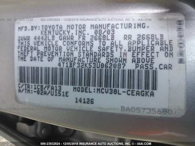 4T1BF32K53U062087 - 2003 TOYOTA CAMRY LE/XLE/SE SILVER photo 9