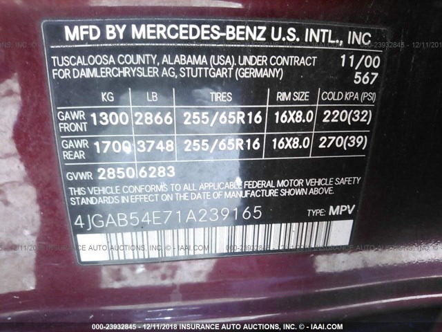 4JGAB54E71A239165 - 2001 MERCEDES-BENZ ML 320 MAROON photo 9