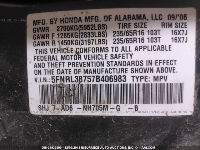 5FNRL38757B406983 - 2007 HONDA ODYSSEY EXL GRAY photo 9