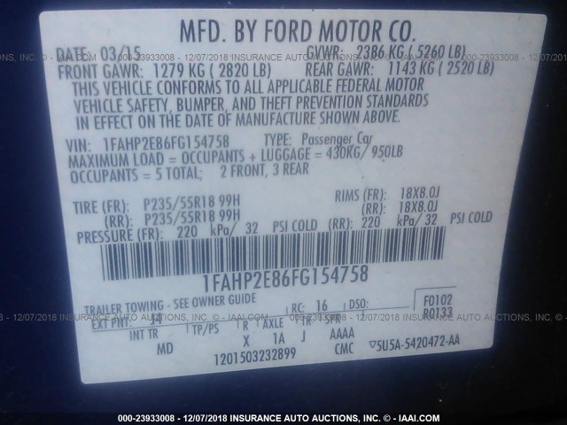 1FAHP2E86FG154758 - 2015 FORD TAURUS SEL BLUE photo 9