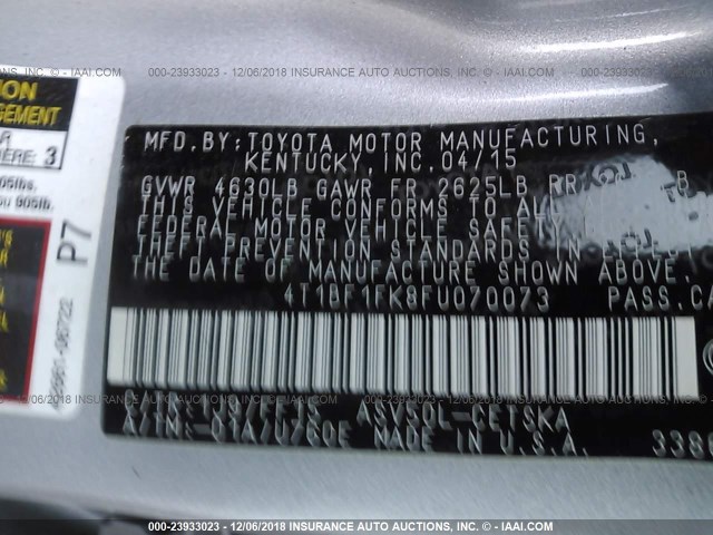 4T1BF1FK8FU070073 - 2015 TOYOTA CAMRY LE/XLE/SE/XSE GRAY photo 9