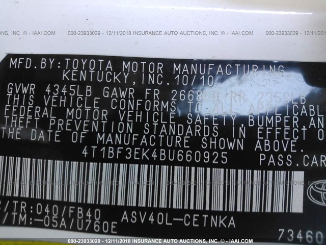 4T1BF3EK4BU660925 - 2011 TOYOTA CAMRY SE/LE/XLE WHITE photo 9