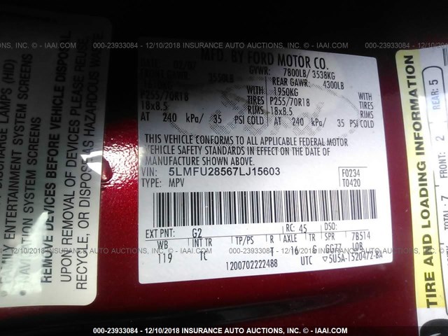 5LMFU28567LJ15603 - 2007 LINCOLN NAVIGATOR RED photo 9