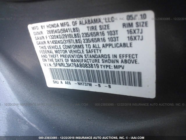 5FNRL3H79AB083819 - 2010 HONDA ODYSSEY EXL GRAY photo 9