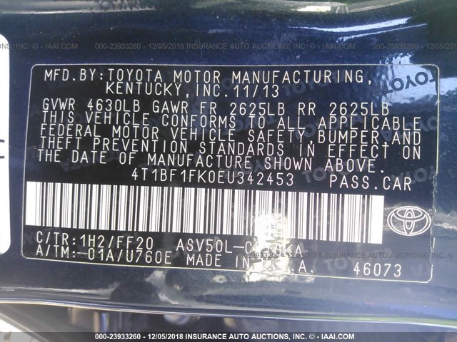 4T1BF1FK0EU342453 - 2014 TOYOTA CAMRY L/SE/LE/XLE 深蓝色 照片 9