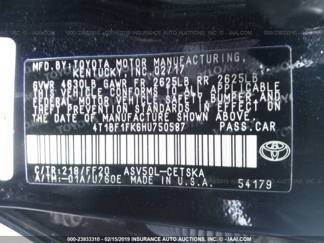 4T1BF1FK6HU750587 - 2017 TOYOTA CAMRY LE/XLE/SE/XSE BLACK photo 9