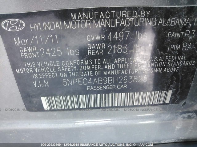 5NPEC4AB9BH263825 - 2011 HYUNDAI SONATA SE/LIMITED GRAY photo 9