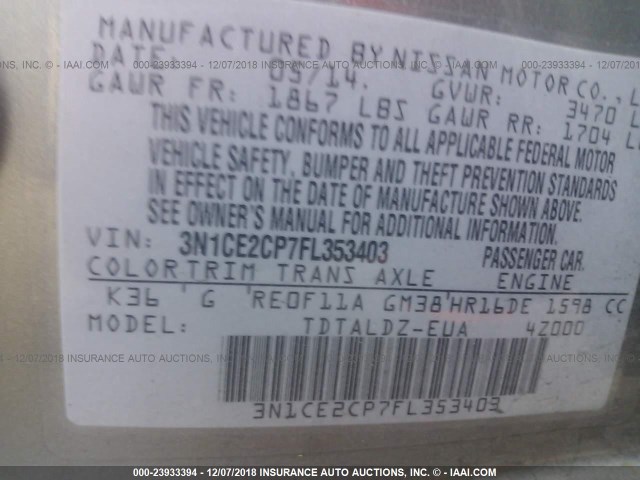 3N1CE2CP7FL353403 - 2015 NISSAN VERSA NOTE S/S PLUS/SV/SL/SR BLUE photo 9