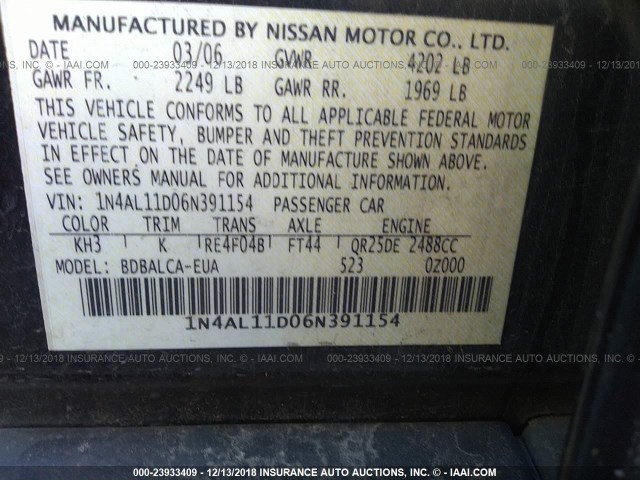 1N4AL11D06N391154 - 2006 NISSAN ALTIMA S/SL BLACK photo 9