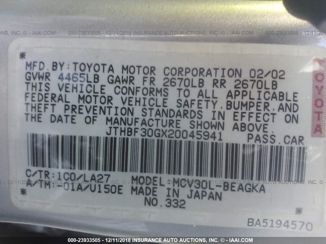 JTHBF30GX20045941 - 2002 LEXUS ES 300 SILVER photo 9