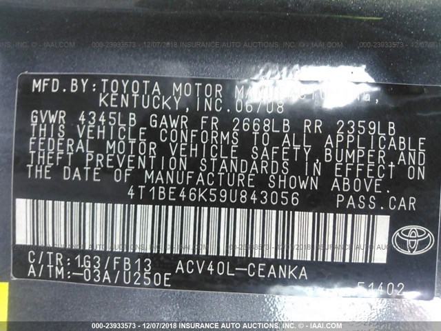 4T1BE46K59U843056 - 2009 TOYOTA CAMRY SE/LE/XLE 灰色 照片 9