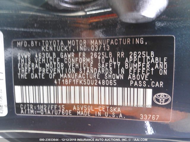 4T1BF1FK5DU248065 - 2013 TOYOTA CAMRY L/SE/LE/XLE 黑色 照片 9