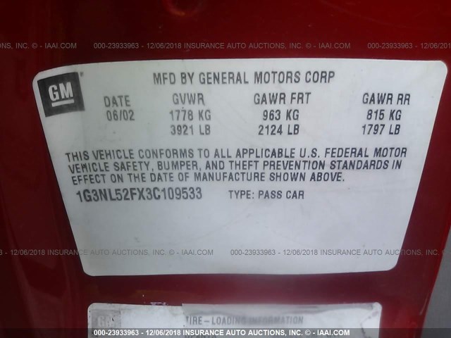 1G3NL52FX3C109533 - 2003 OLDSMOBILE ALERO GL RED photo 9