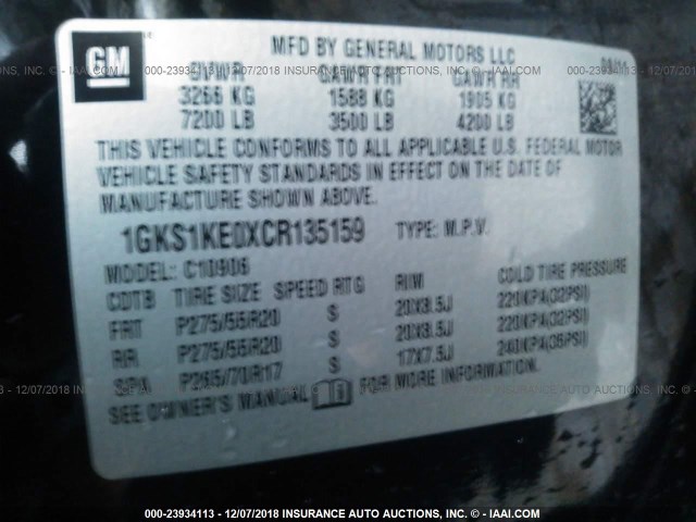 1GKS1KE0XCR135159 - 2012 GMC YUKON XL C1500 SLT BLACK photo 9