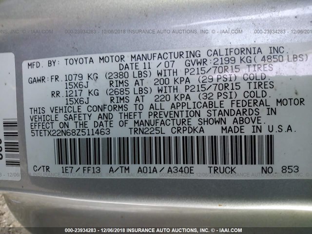 5TETX22N68Z511463 - 2008 TOYOTA TACOMA ACCESS CAB ვერცხლისფერი ფოტო 9